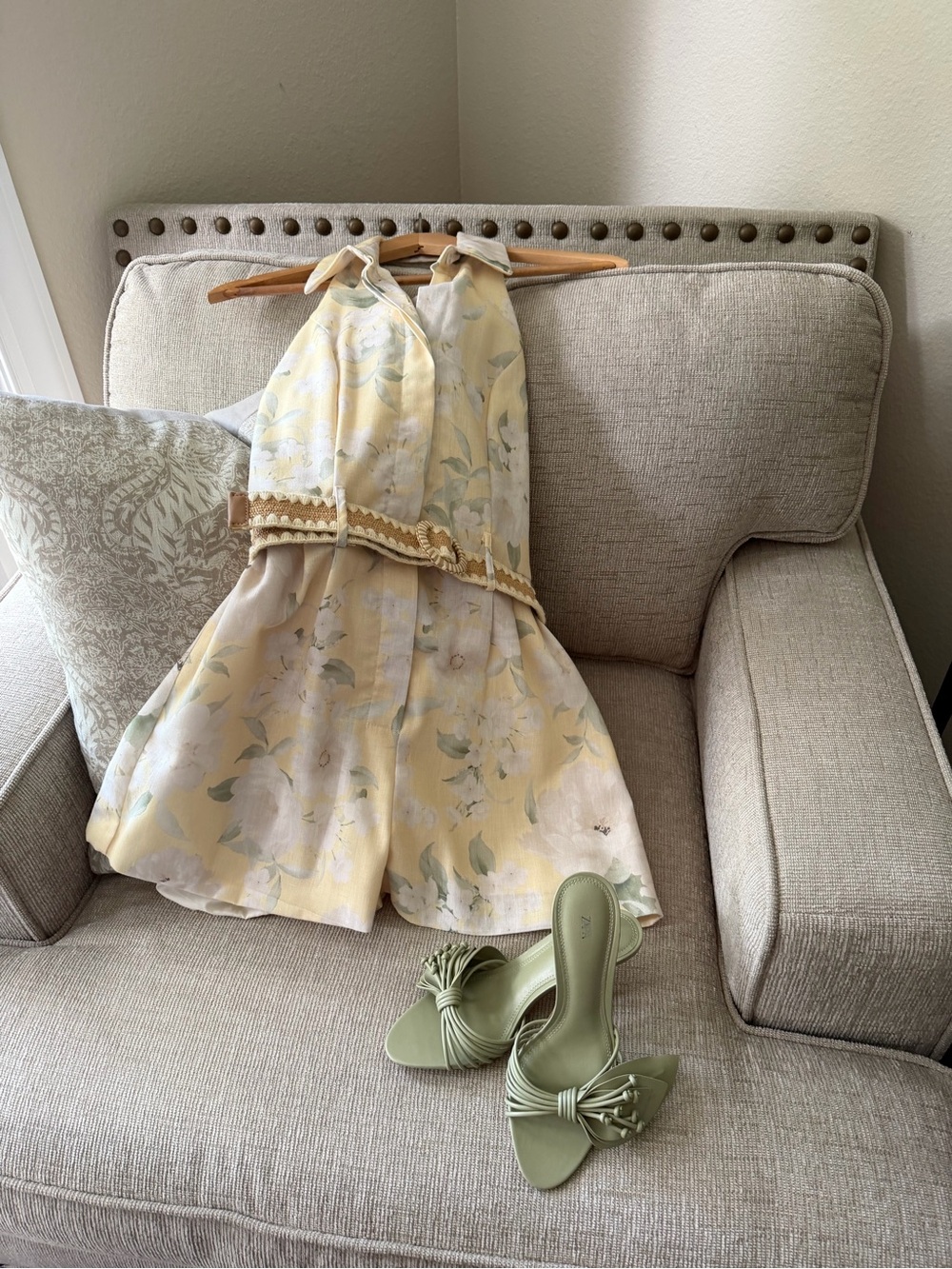 Yellow Floral Linen Halter Romper
